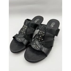 Clarks Bendables Slide Sandals Women 7.5M Black Leather Studded Wedge 81966
